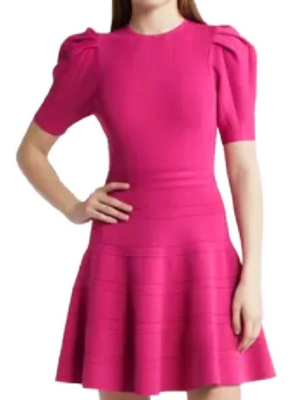 Ted Baker Velvey Mini Dress Size 4 Bright Pink Skater Puff Sleeve Dress